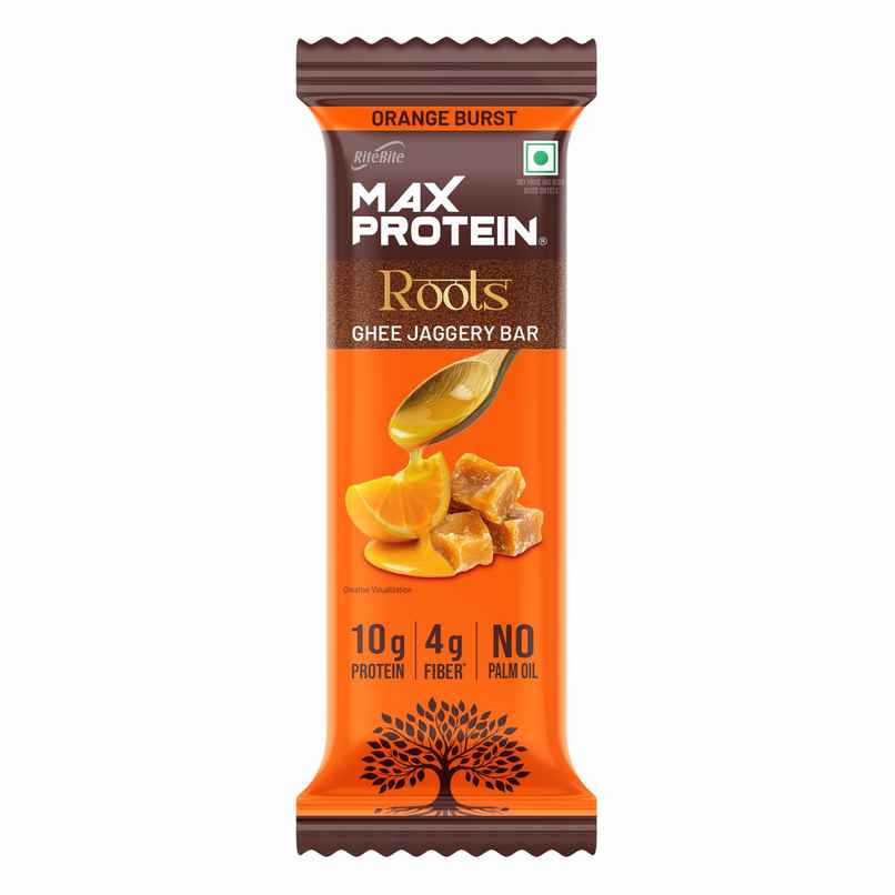 Max Protein Roots Ghee Jaggery 10g Protein Bar | Orange Burst | No Palm Oil | 4g Fiber