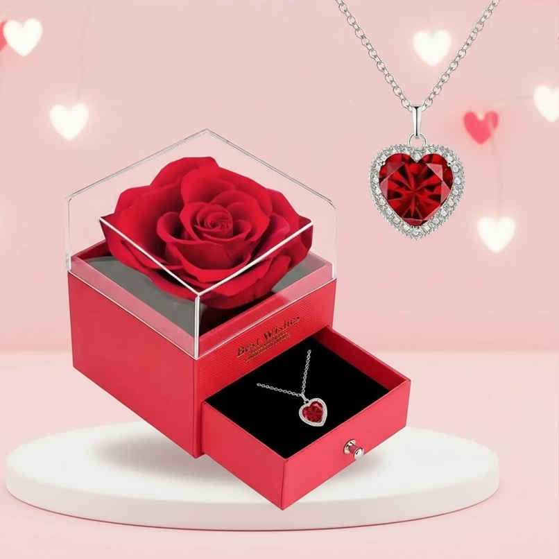 Valentines Day Eternal Rose Gift Box with Heart Necklace Jewelry Set | Party Propz
