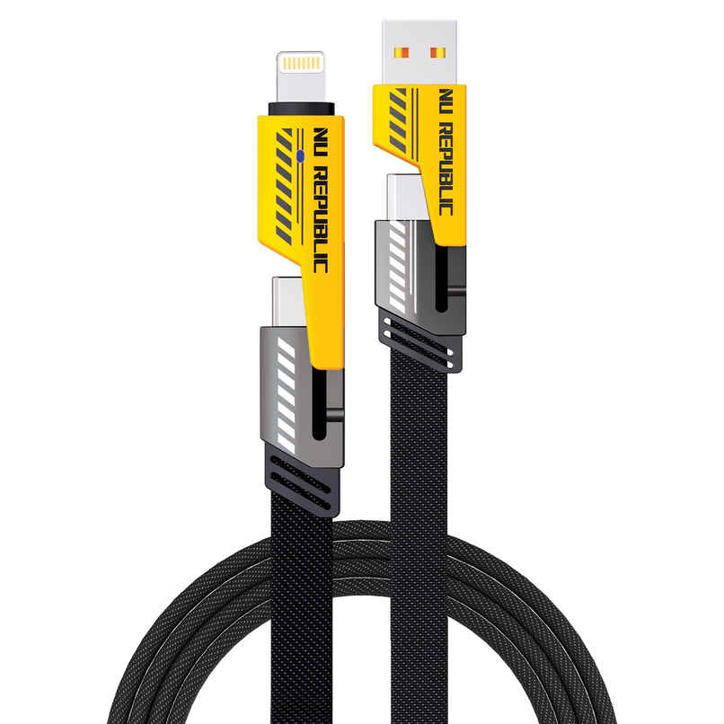 Nu Republic Blaze Fusion-Q 100W 4-In-One 1.2 M USB-A To Type-C To Type-C + Type-L Metal Connector Fast Data Charging Carbon Texture Braided Cable For Personalcomputer,1.2M - Black & Yellow Nu Republic Blaze Fusion-Q 100W 4-In-One 1.2 M USB-A To Type-C To Type-C + Type-L Metal Connector Fast Data Charging Carbon Texture Braided Cable For Personalcomputer,1.2M - Black & Yellow