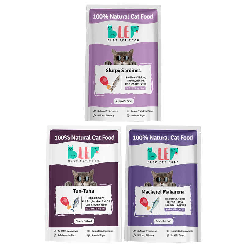 BLEP 100% Natural Cat Food | 3 Recipes Tuna, Mackerel and Sardine | 3 Packs | Zero Preservatives