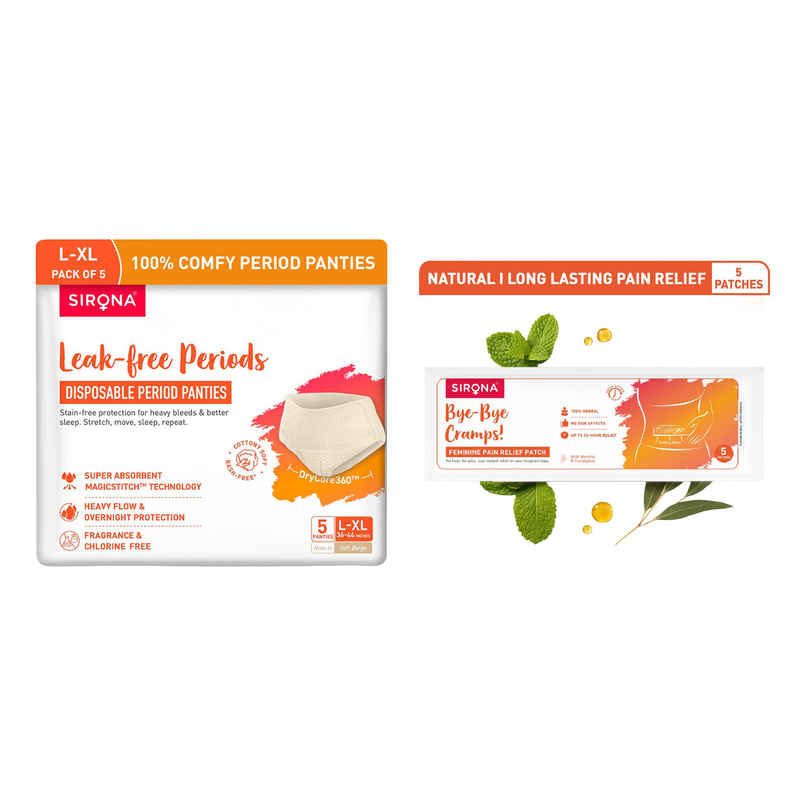 Sirona Disposable Period Panties L-Xl, 5X More Absorption, 100% Rash Free, Leak-Proof (5pc) & Sirona Herbal Period Pain Relief Patches| Relief From Menstrual Cramps | Cool Patches (5pc) Combo