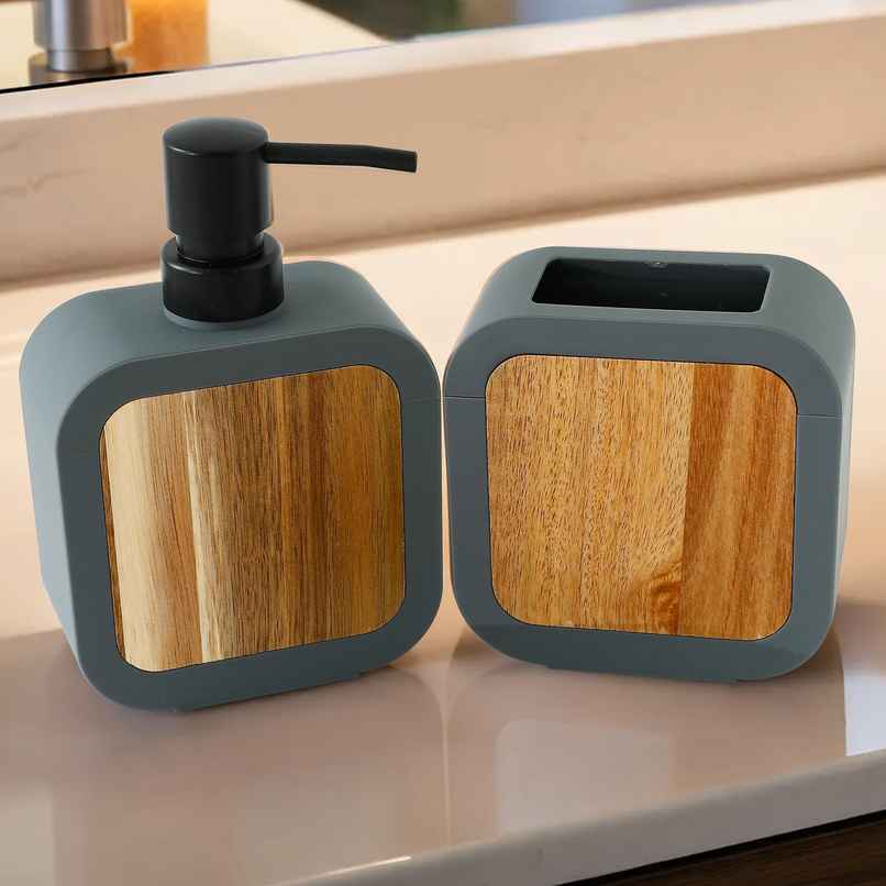UMAI Bathroom Accessories Set | Soap Dispenser For Bathroom and Toothbrush Holder | Grey | 380 ml