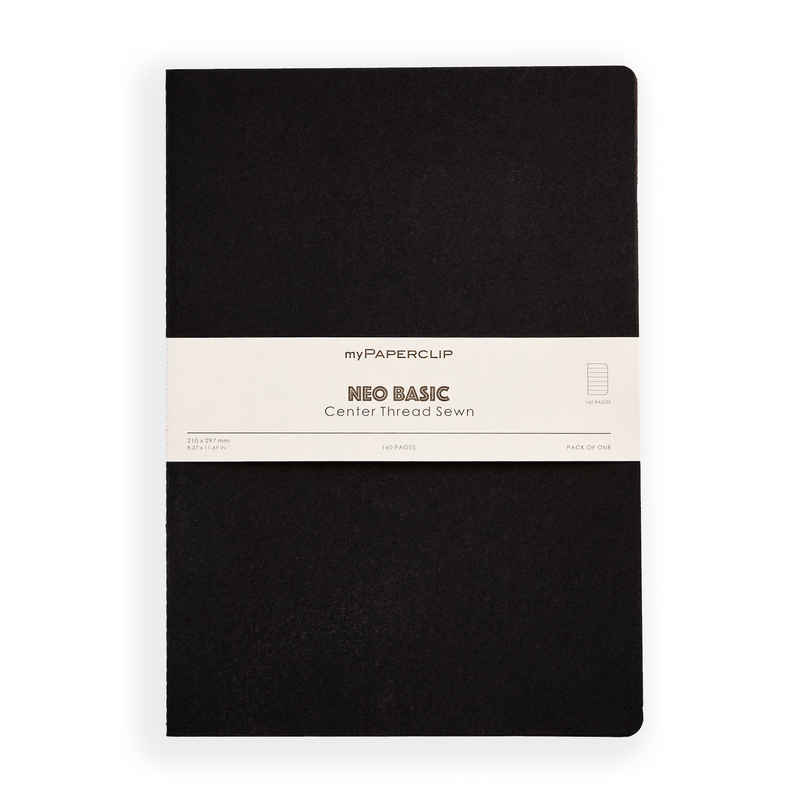 myPAPERCLIP - NeoBasic Notebook, Centre Thread Sewn Notebook - A4 - Ruled - Black Colour
