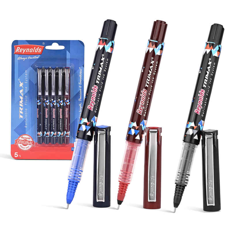Reynolds Trimax Roller Ball Pen Set (5 Pens - 3 Blue Pens; 1 Black Pen; 1 Red Pen )