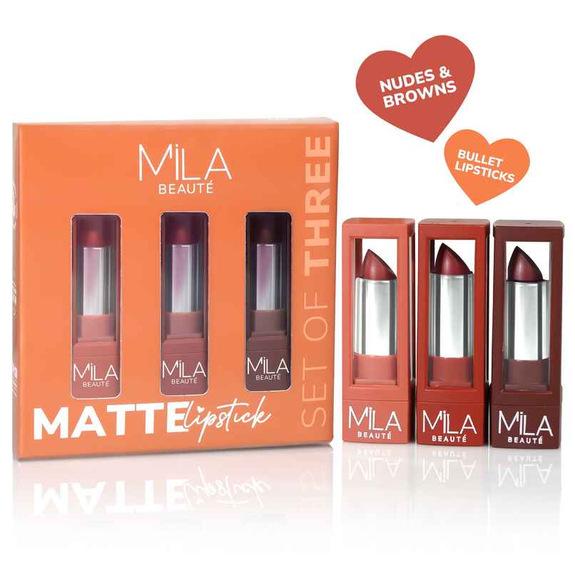 Mila Beaute Matte Lipstick Set of 3 Long-Lasting | Lightweight | Rich Pigment | Nudes & Browns