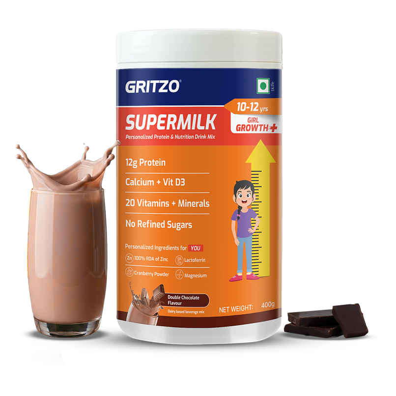 Gritzo Super Milk Growth+ | 10-12y Girls | 12g Protein Powder | Double Chocolate