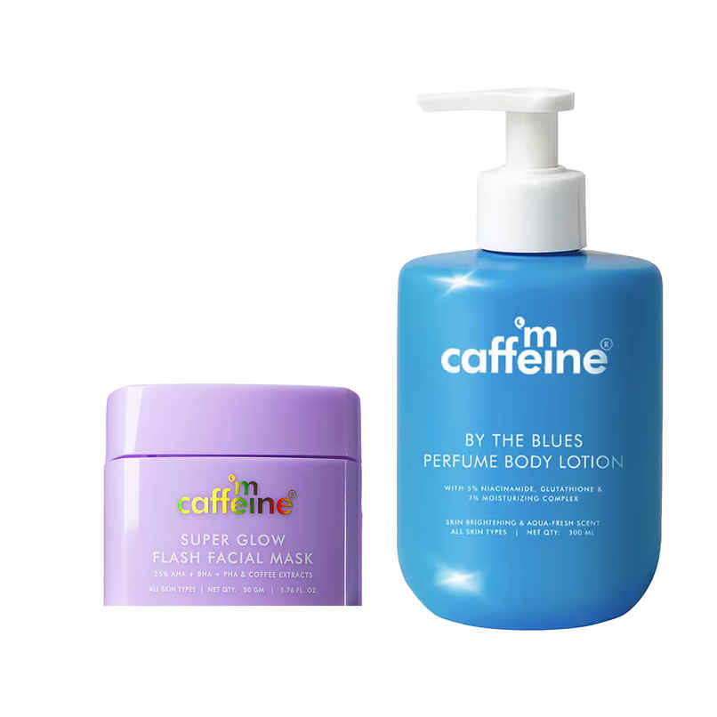 Mcaffeine Super Glow Flash Facial - Face Mask | Instant Brightening (50g) & Mcaffeine By The Blues Brightening Perfume Body Lotion 5% Niacinamide- Longlasting Aquatic Scent (300ml) Combo