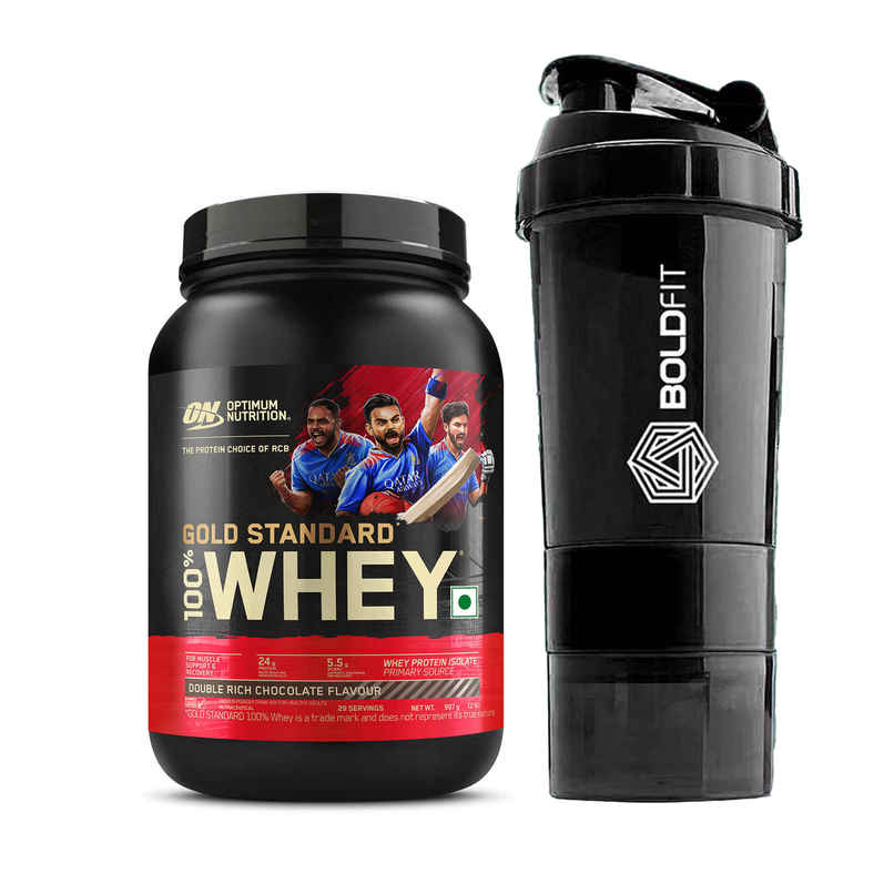 Optimum Nutrition (On) Pure Whey Gold Standard Powder Double Rich Chocolate 2 Lb (907g) & Boldfit Spider Gym Shaker Bottle (1pc) Combo
