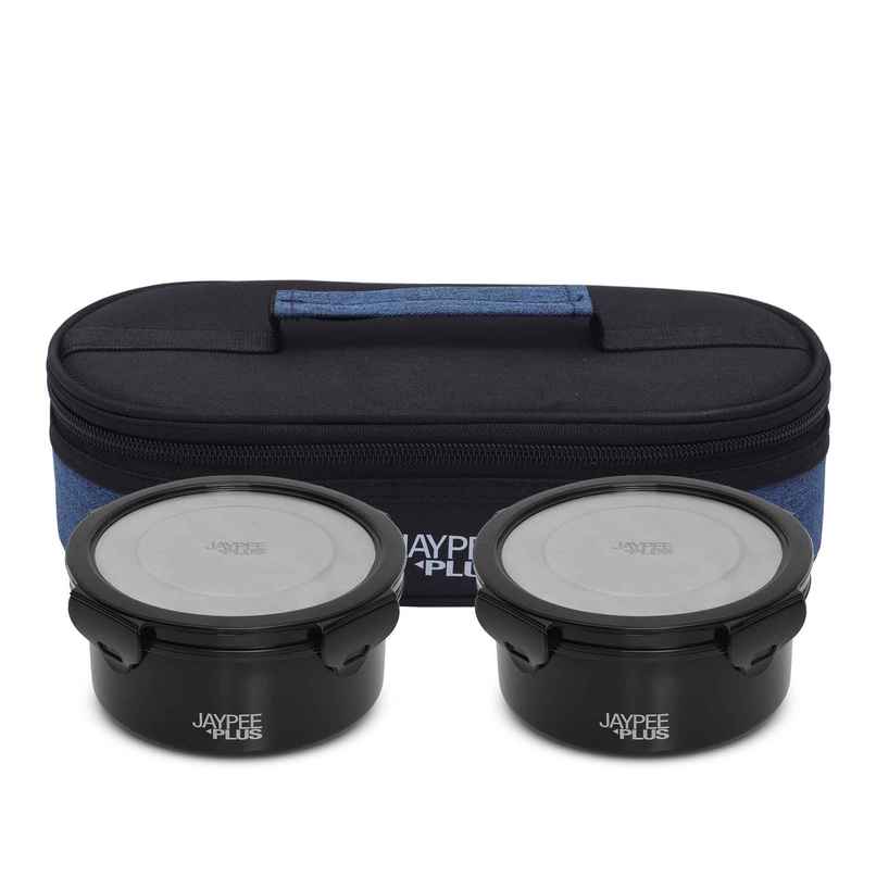 Jaypee Plus Microplus Inner Stainless Steel Leak Proof Lunch Box with Bag | Black - 2 x 400 ml Jaypee Plus Microplus Inner Stainless Steel Leak Proof Lunch Box with Bag | Black - 2 x 400 ml