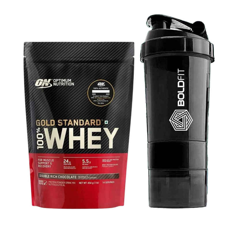 Optimum Nutrition (On) Pure Whey Gold Standard Powder Double Rich Chocolate1 Lb (454g) & Boldfit Spider Gym Shaker Bottle (1pc) Combo