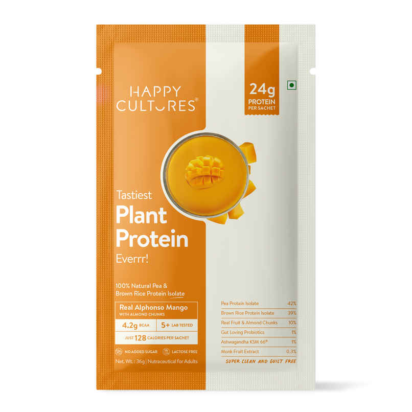 Happy Cultures 24g Plant Protein| Alphonso Mango|Pea & Brown Rice Protein Isolate Happy Cultures 24g Plant Protein| Alphonso Mango|Pea & Brown Rice Protein Isolate