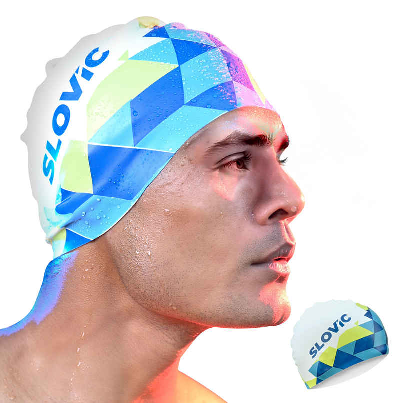 Slovic Adult Swimming Cap - White & Blue Pattern, Stretchable Waterproof Comfortable Fit
