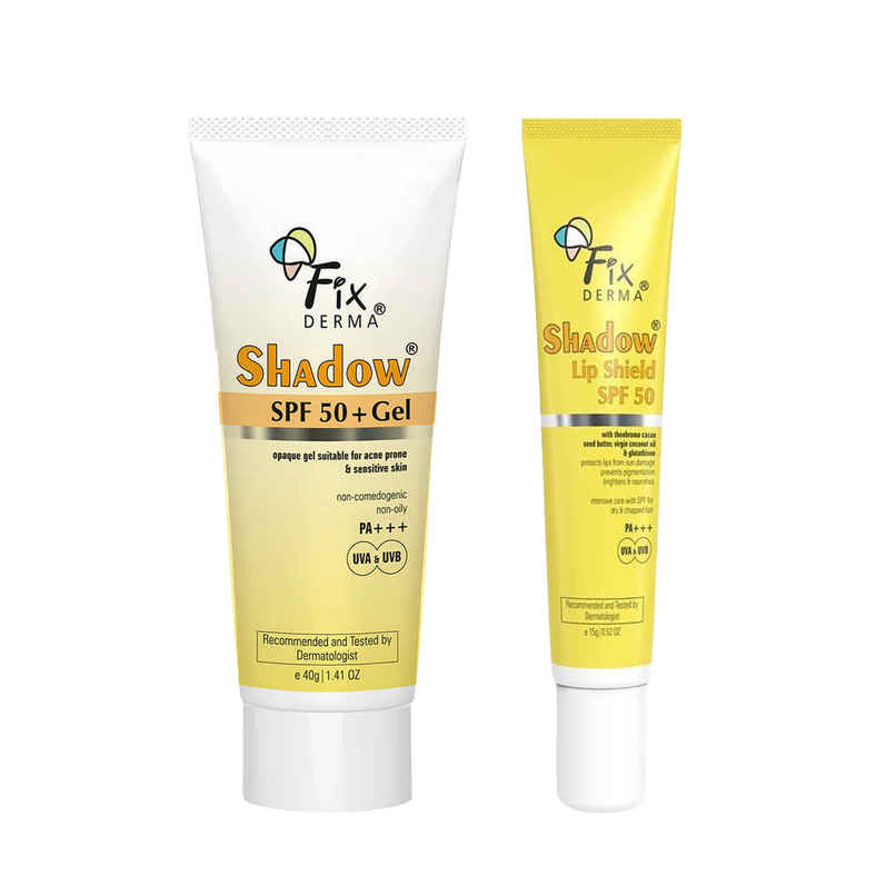 Fixderma Shadow Sunscreen Spf 50+ Pa+++ Gel, Lightweight & No White Cast For Oily Skin (40g) & Fixderma Shadow Spf 50 Lip Shield, Sunscreen Lip Balm Prevents Pigmentation & Sun Damage (15g) Combo Fixderma Shadow Sunscreen Spf 50+ Pa+++ Gel, Lightweight & No White Cast For Oily Skin (40g) & Fixderma Shadow Spf 50 Lip Shield, Sunscreen Lip Balm Prevents Pigmentation & Sun Damage (15g) Combo