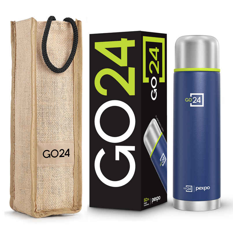 Go24 | Pexpo Flamingo 1000Ml 24 Hrs Hot And Cold Flask With Jute-Bag Vacuum Insulated Flaslk