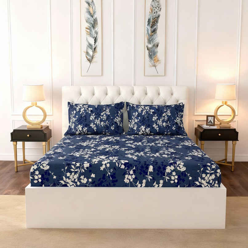 Raymond Home 120 GSM Hazel Floral Double Bedsheet with 2 Pillow Covers Blue