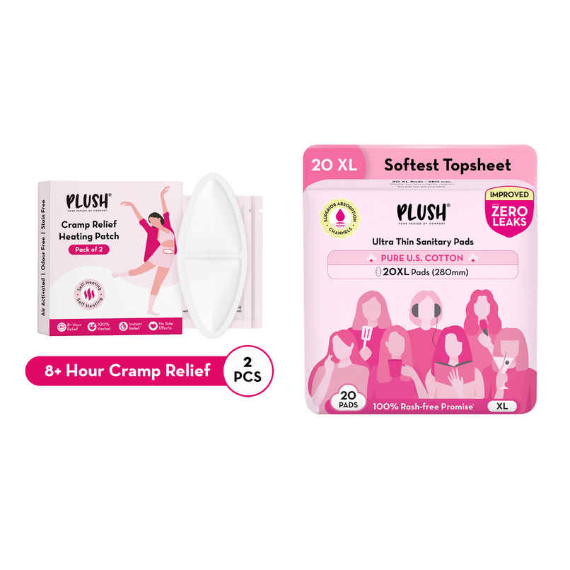 Plush Cramp Relief Heating Patch (2pc) & Plush Rash Free Sanitary Pads (1pc) Combo
