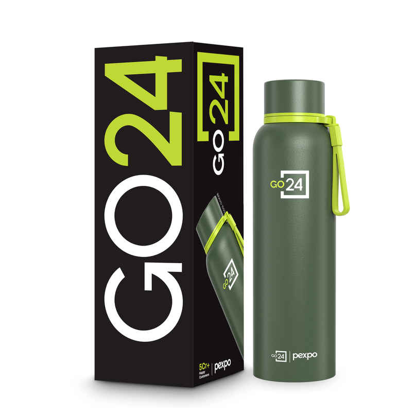 Go24 | Pexpo Bravo Hot & Cold ISI Certified Insulated Thermosteel Water Bottle | Military Green | 1 L