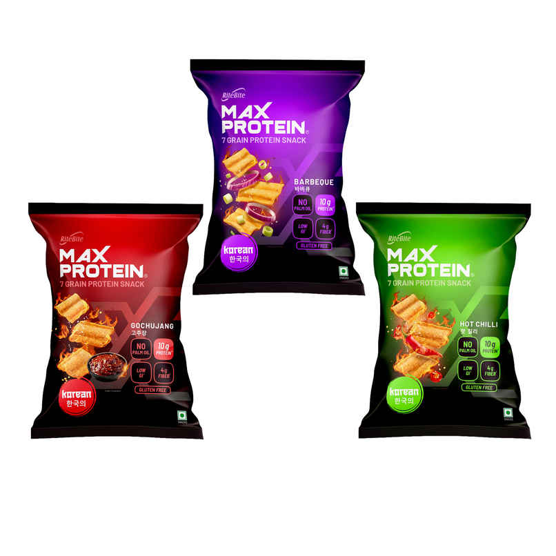 Ritebite Max Protein Gochujang Multigrain Protein Korean Chips | 10G Protein | 4G Fiber (60g) & Ritebite Max Protein Barbeque Multigrain Protein Korean Chips | 10G Protein | 4G Fiber (60g) & Ritebite Max Protein Hot Chilli Protein Multigrain Protein Korean Chips | 10G Protein | 4G Fiber (60g) Combo