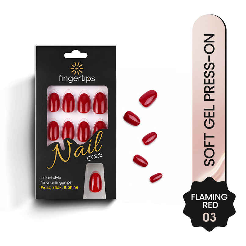Fingertips Press-On Nails Soft Gel Glossy Artificial Reusable Full Cover Nails - Flaming Red