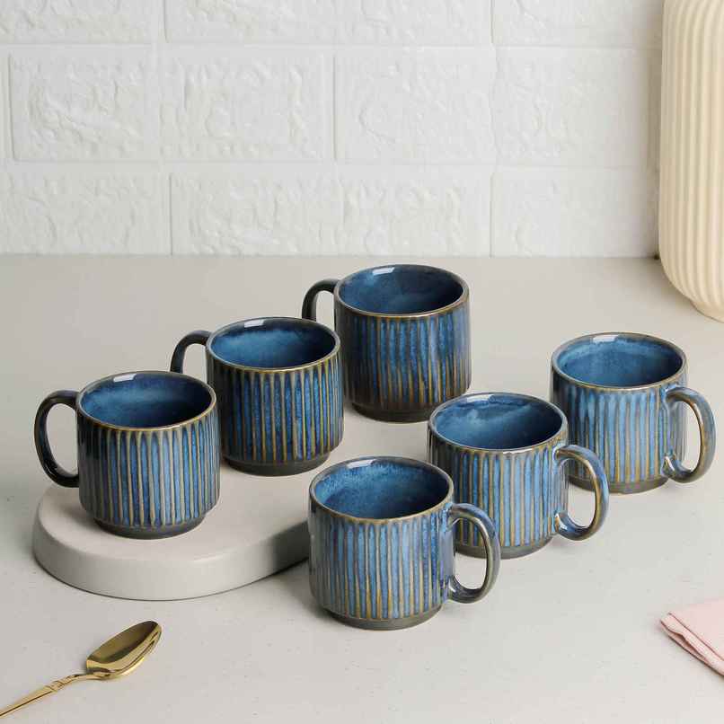 The Earth Store Glam Blue Fringe Premium Stackable Ceramic Tea Cup | Blue - 160 ml