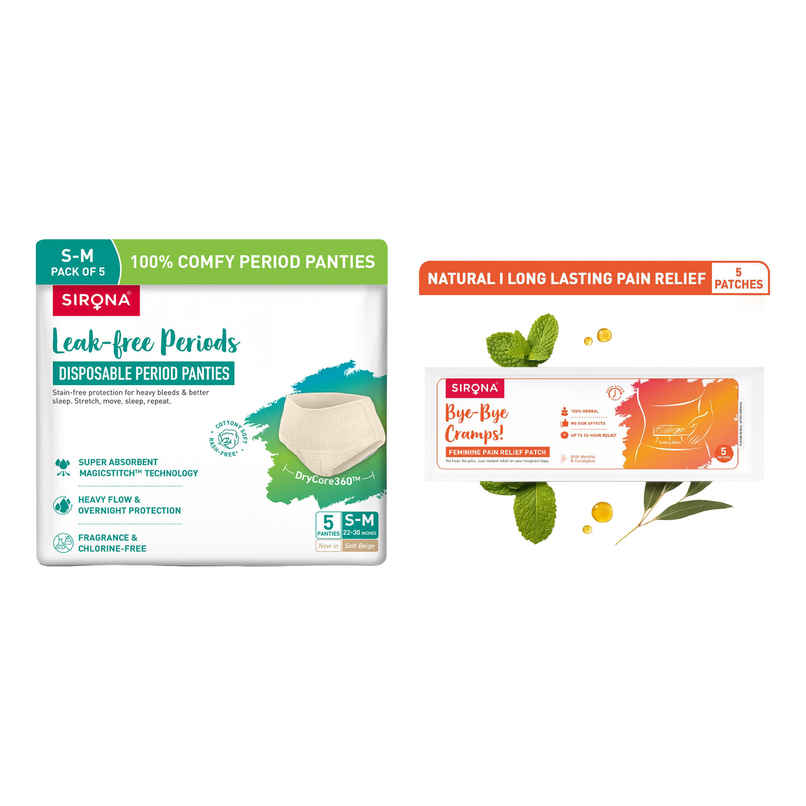 Sirona Disposable Period Panties S-M,  5X More Absorption, 100% Rash Free, Leak-Proof (5pc) & Sirona Herbal Period Pain Relief Patches| Relief From Menstrual Cramps | Cool Patches (5pc) Combo