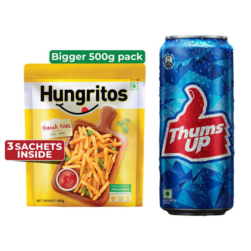 Hungritos French Fries Peri Peri | Crispy & Spicy (500g) & Thums Up Soft Drink Can | Carbonated Beverage (300ml) Combo