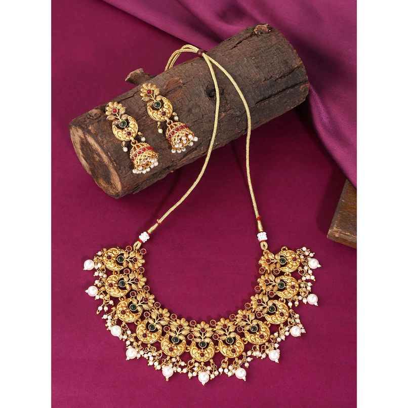 Yellow Chimes Pink and Green Stone Floral Choker Necklace Set for Women Yellow Chimes Pink and Green Stone Floral Choker Necklace Set for Women