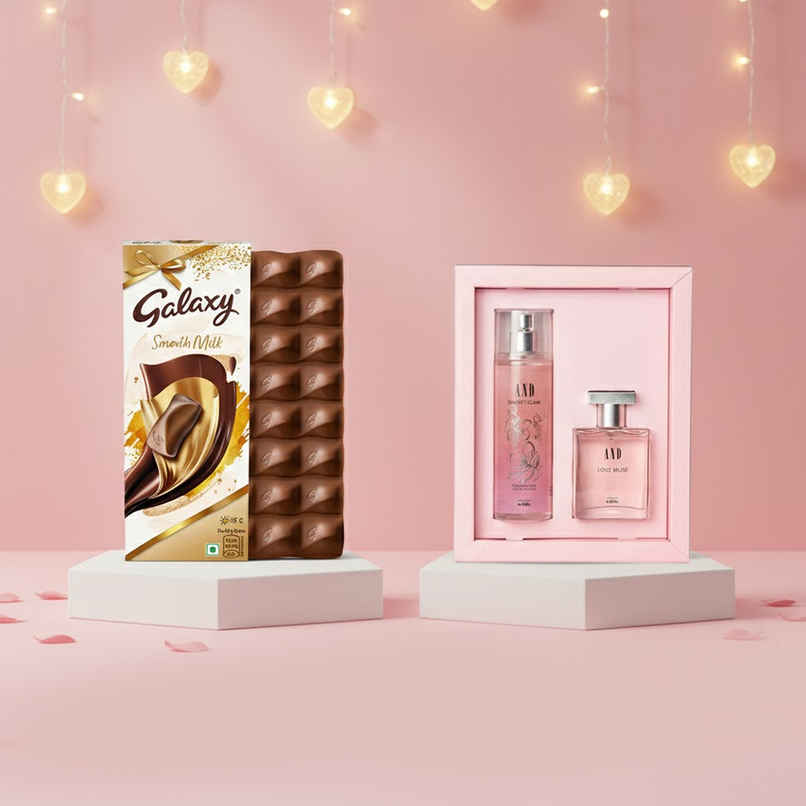 Galaxy Smooth Milk Chocolate Bar For Gifting (110g) & And By Ajmal Love Muse Eau De Perfume & Dainty Glam Body Mist For Women (250ml) Combo