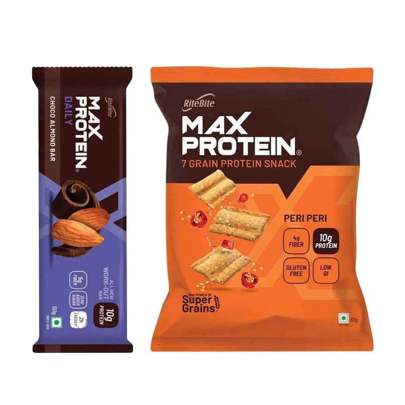 Ritebite Max Protein 10G Protein Bar Choco Almond (50g) & Ritebite Max Protein Peri Peri 10 G Multigrain Protein Chips, Healthy Snacks & Munchies (60g) Combo