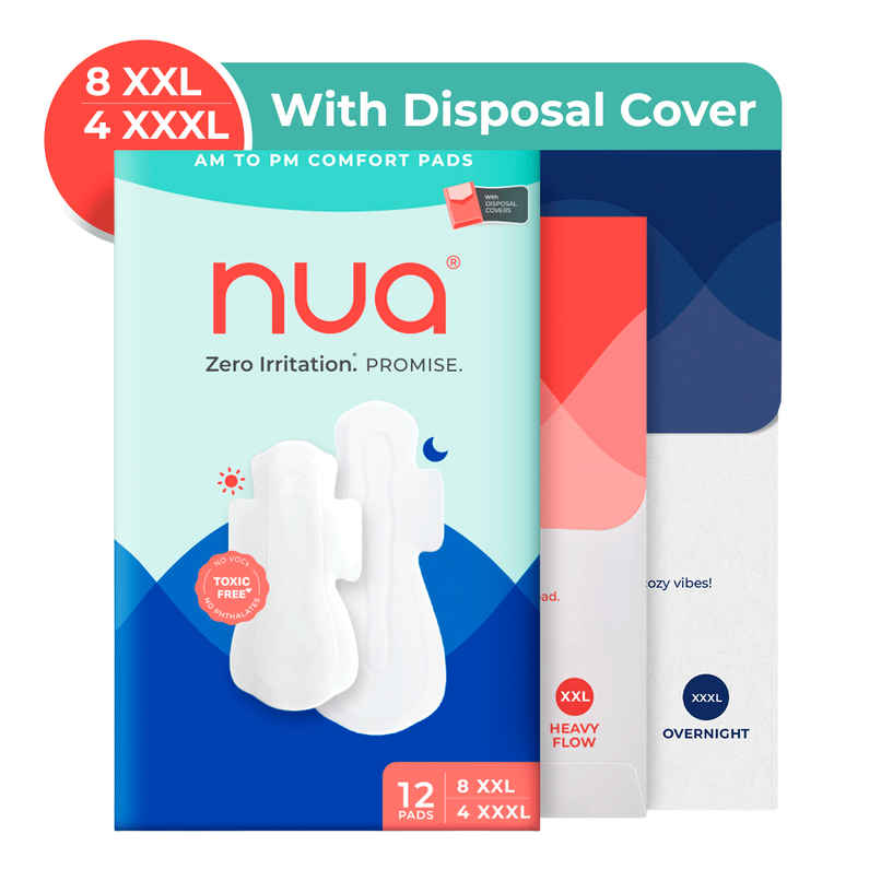 Nua Day and Night Sanitary Pads with Disposal Cover | 8 XL + 4 XXXL | XL / XXXL | 12 pcs