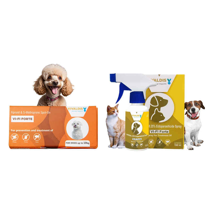 Vivaldis Spot On For Dogs & Puppy Up To 10 Kg | Anti Tick, Flea & Lice Treatment | Vi-Fi Forte (0.67ml) & Vivaldis Vi-Fi Forte-Tick, Flea, Lice Spray For Dogs, Cats, Kitten & Puppies With Fipronil (100ml) Combo
