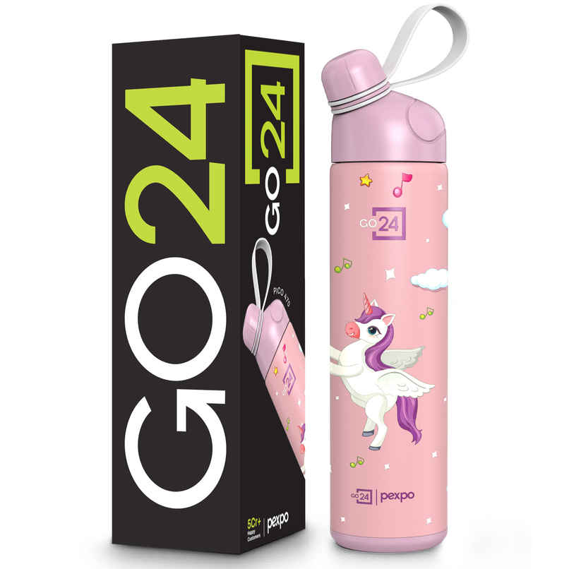 Go24 | Pexpo Stainless Steel Pico Cute Sipper Hot & Cold Water Bottle | Unicorn UV Printed | Pink | 500 ml
