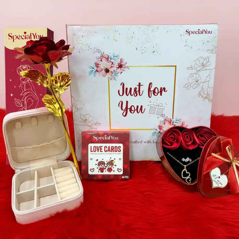 Red Metal Rose Gift Hamper with Jewelry Box and Pendant Ring Set | Ideal for Gifting | Special You