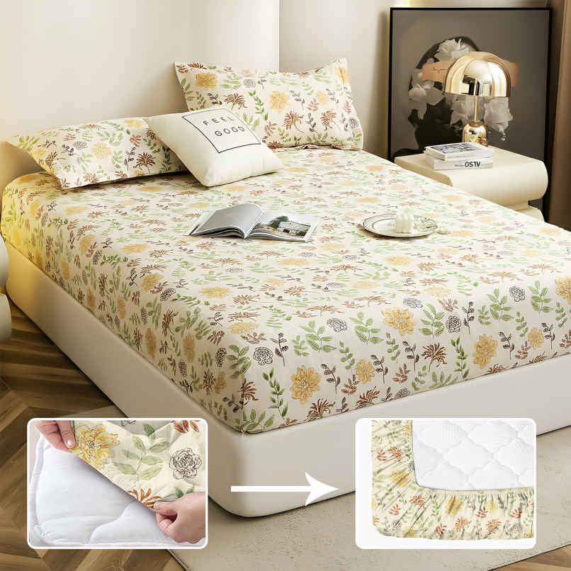 Story@Home Cotton Blend King Fitted 210 TC Floral Bedsheet with 2 Pillow Covers | Off White & Yellow Story@Home Cotton Blend King Fitted 210 TC Floral Bedsheet with 2 Pillow Covers | Off White & Yellow