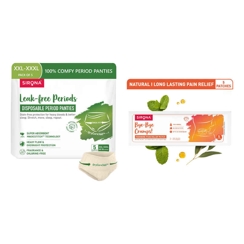 Sirona Disposable Period Panties 2Xl-3Xl, 5X More Absorption, 100% Rash Free, Leak-Proof (5pc) & Sirona Herbal Period Pain Relief Patches| Relief From Menstrual Cramps | Cool Patches (5pc) Combo Sirona Disposable Period Panties 2Xl-3Xl, 5X More Absorption, 100% Rash Free, Leak-Proof (5pc) & Sirona Herbal Period Pain Relief Patches| Relief From Menstrual Cramps | Cool Patches (5pc) Combo