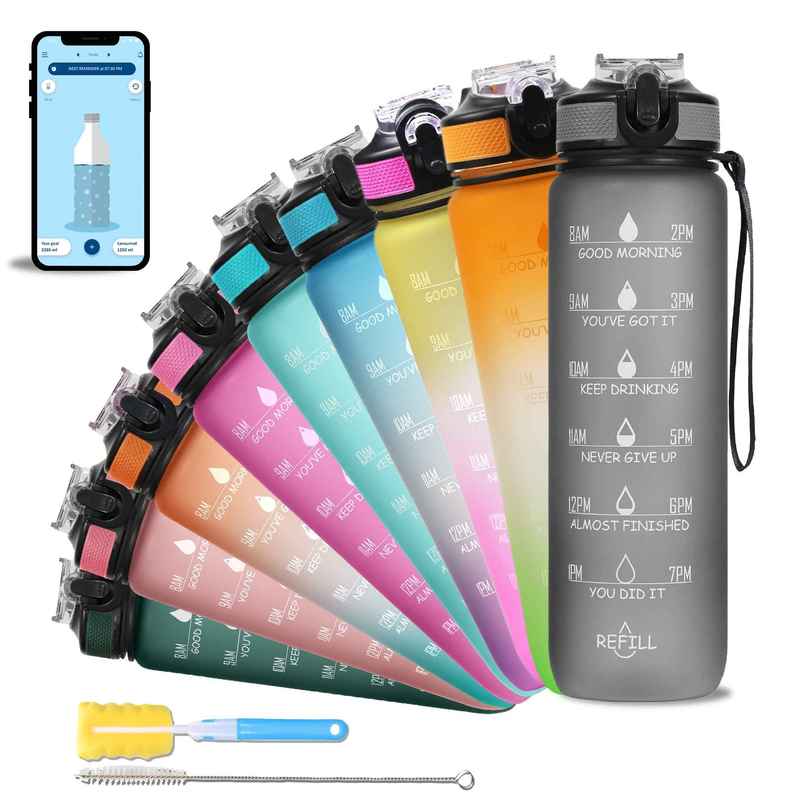 Solara Plastic Water Bottle with Motivational Time Markings, 100% BPA Free | Mysterious Grey | 1 L