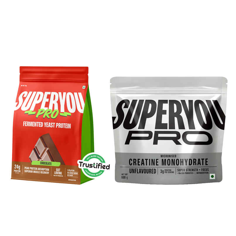 Superyou Pro Fermented Yeast Protein- Chocolate | 24G Protein Per Scoop (1kg) & Superyou Pro Micronised Creatine Monohydrate | 33 Servings | Unflavoured (100g) Combo Superyou Pro Fermented Yeast Protein- Chocolate | 24G Protein Per Scoop (1kg) & Superyou Pro Micronised Creatine Monohydrate | 33 Servings | Unflavoured (100g) Combo