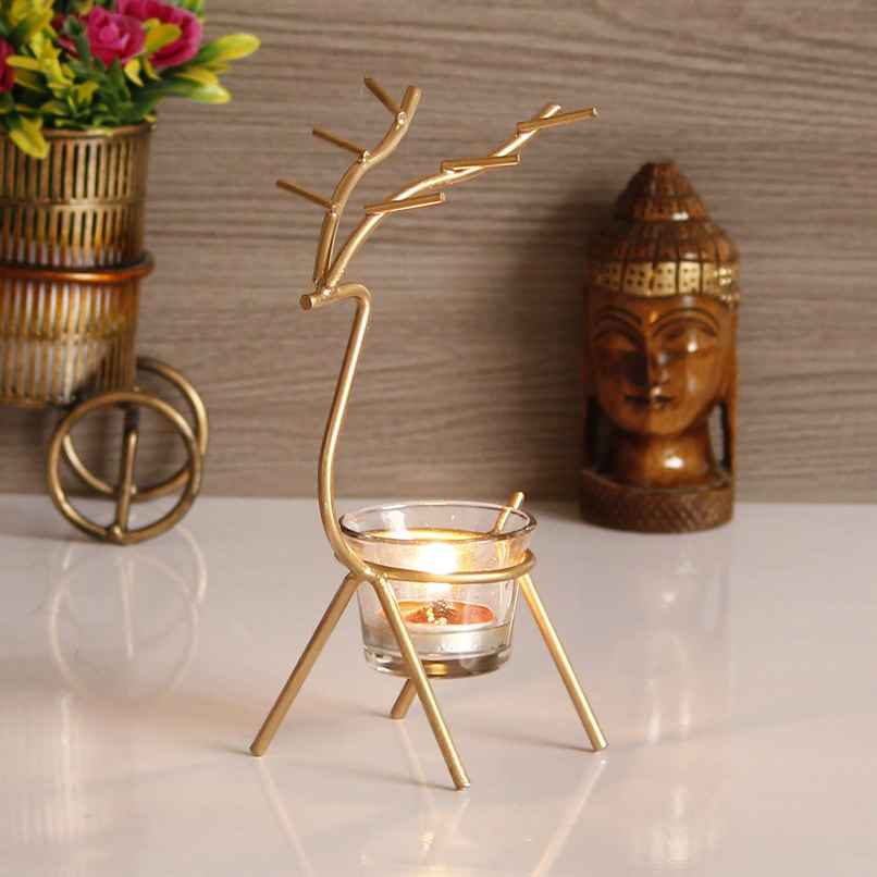 eCraftIndia Decorative Handcrafted Golden Deer Shaped Metal Tea Light Candle Holders