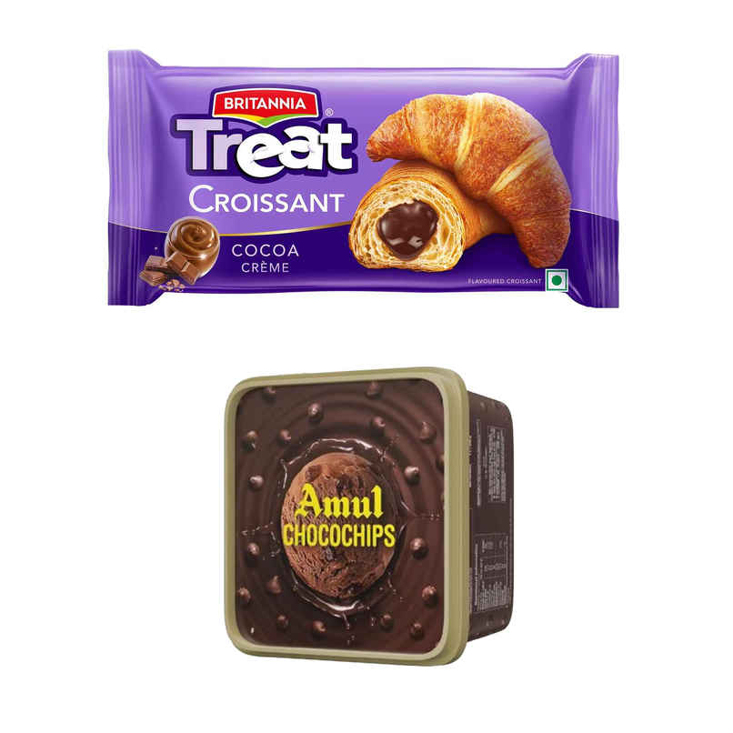 Britannia Treat Croissant - With Cocoa Creme Filling Veg (45g) & Amul Choco Chip Chocolate Ice Cream Tub (1L) Combo Britannia Treat Croissant - With Cocoa Creme Filling Veg (45g) & Amul Choco Chip Chocolate Ice Cream Tub (1L) Combo