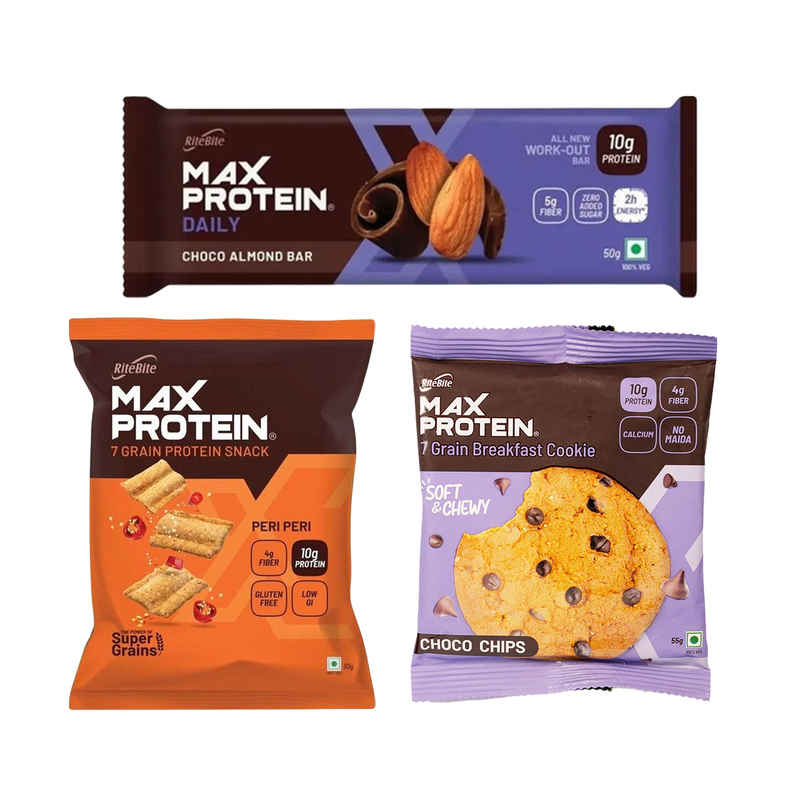 Ritebite Max Protein 10G Protein Bar Choco Almond (50g) & Ritebite Max Protein Peri Peri 10 G Multigrain Protein Chips, Healthy Snacks & Munchies (60g) & Ritebite Max Protein Cookie Choco Chips, No Maida Multigrain Premium Biscuit Cookies (55g) Combo
