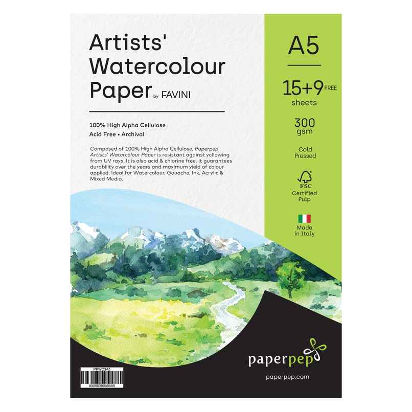 PaperPep Artists' Watercolour Paper 300GSM Cold Pressed A5 Pack of 24 Sheets