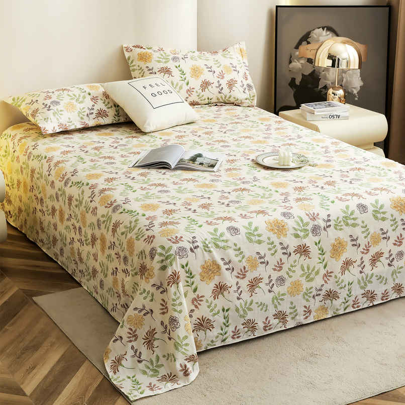 Story@home 210 TC Cotton Blend King Size Floral Flat Bedsheet with 2 Pillow Covers|Off White, Yellow Story@home 210 TC Cotton Blend King Size Floral Flat Bedsheet with 2 Pillow Covers|Off White, Yellow