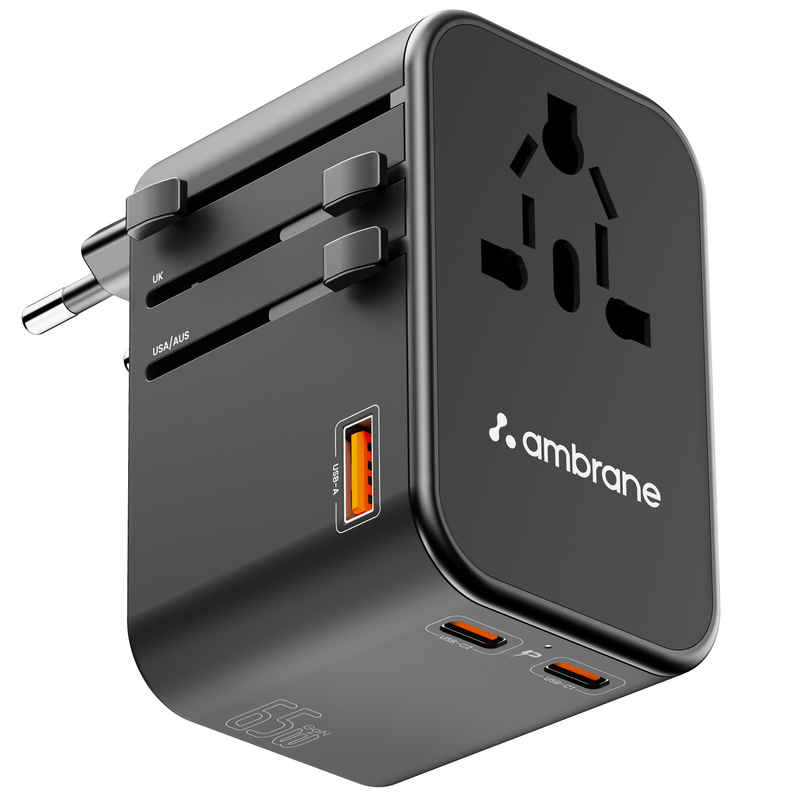 Ambrane Universal Travel Adapter Charger with 65W Laptop | MacBook & Mobile Charging | Black