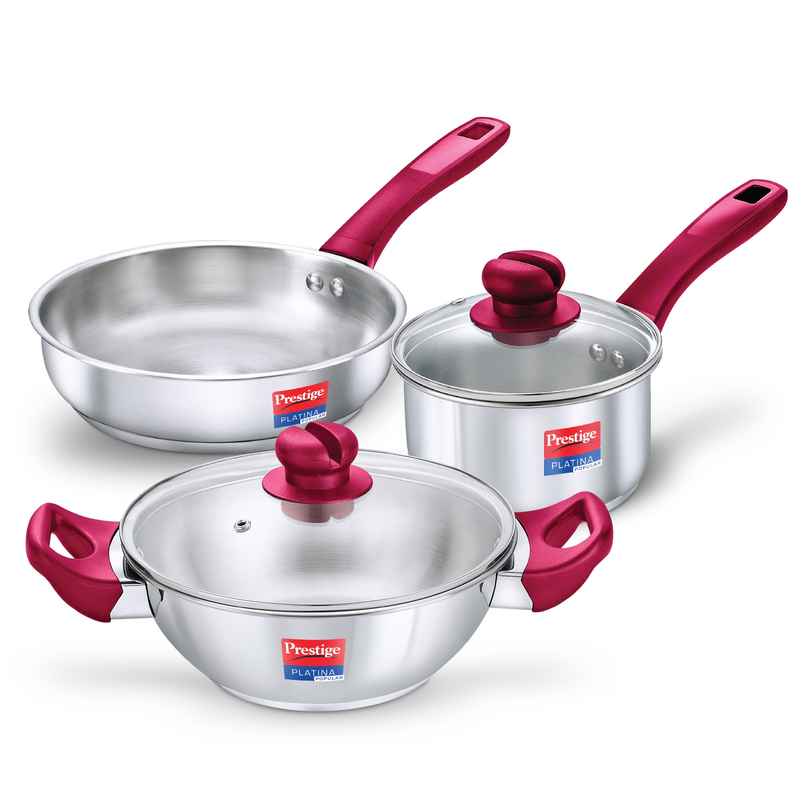 Prestige BYK Platina Stainless Steel Cookware Set | Fry Pan 22cm | Sauce Pan 16cm | Kadai 22cm Prestige BYK Platina Stainless Steel Cookware Set | Fry Pan 22cm | Sauce Pan 16cm | Kadai 22cm