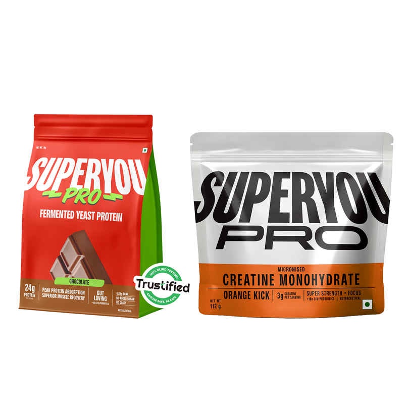 Superyou Pro Fermented Yeast Protein- Chocolate | 24G Protein Per Scoop (1kg) & Superyou Pro Micronised Creatine Monohydrate Kick | 33 Servings | Orange (112g) Combo Superyou Pro Fermented Yeast Protein- Chocolate | 24G Protein Per Scoop (1kg) & Superyou Pro Micronised Creatine Monohydrate Kick | 33 Servings | Orange (112g) Combo