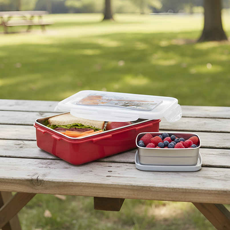 Nayasa Steel Super Lock Inner Stainless Steel Insulated Lunchbox for Kids | Red