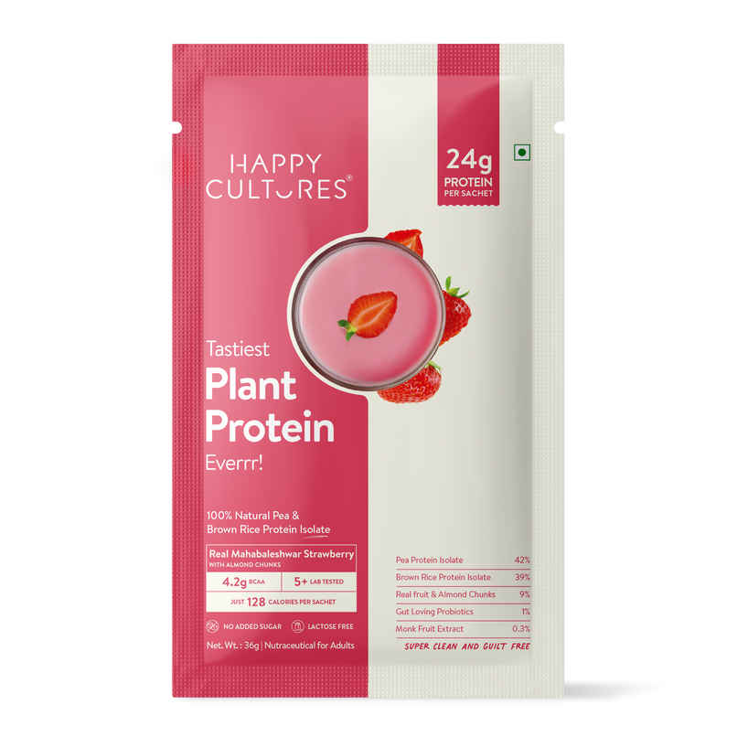 Happy Cultures 24g Plant Protein | Real Strawberry with Almond| Pea & Brown Rice Protein Isolate