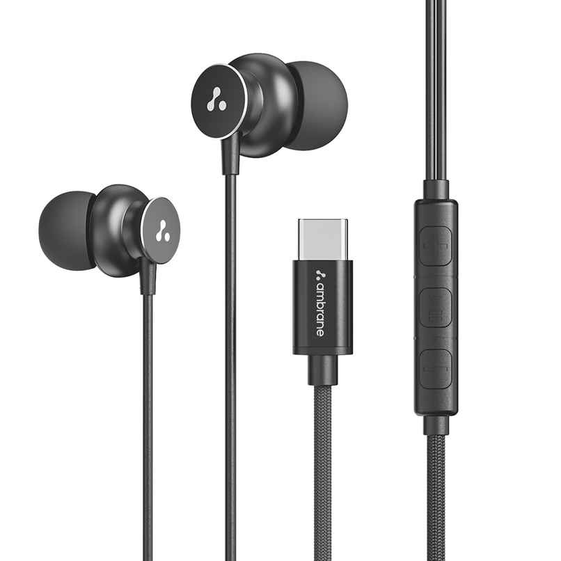 Ambrane Type C Wired Earphones With In-Line Mic, 10Mm Drivers, Control Buttons (Stringz 38C, Black)