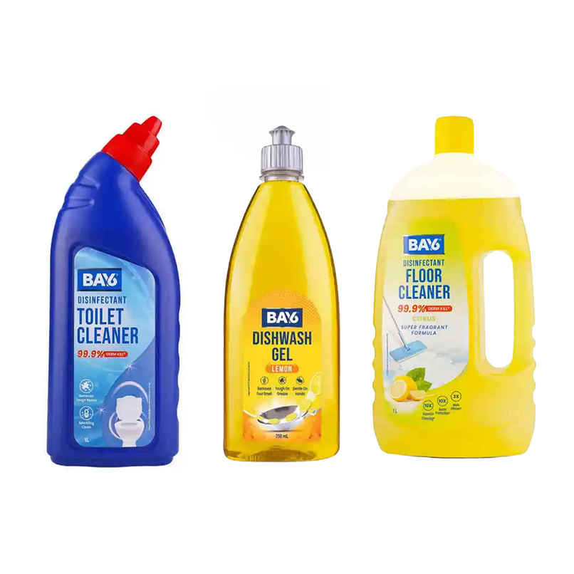 Bay6 Toilet Cleaner Sparkling Shine Disinfectant (1L) & Bay6 Dishwash Gel Liquid Lemon Tough Grease & Foul Smell Removal (750ml) & Bay6 Floor Cleaner Super Fragrant Citrus Formula (1L) Combo