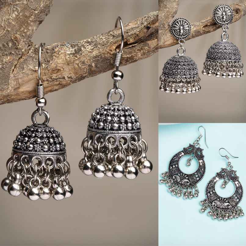 NVR Women German Silver Oxidised Dome Shaped Boho Chic Jhumka Earrings NVR Women German Silver Oxidised Dome Shaped Boho Chic Jhumka Earrings